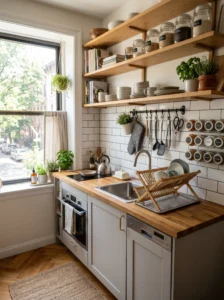 “Small organized kitchen with smart storage solutions and no counter clutter”