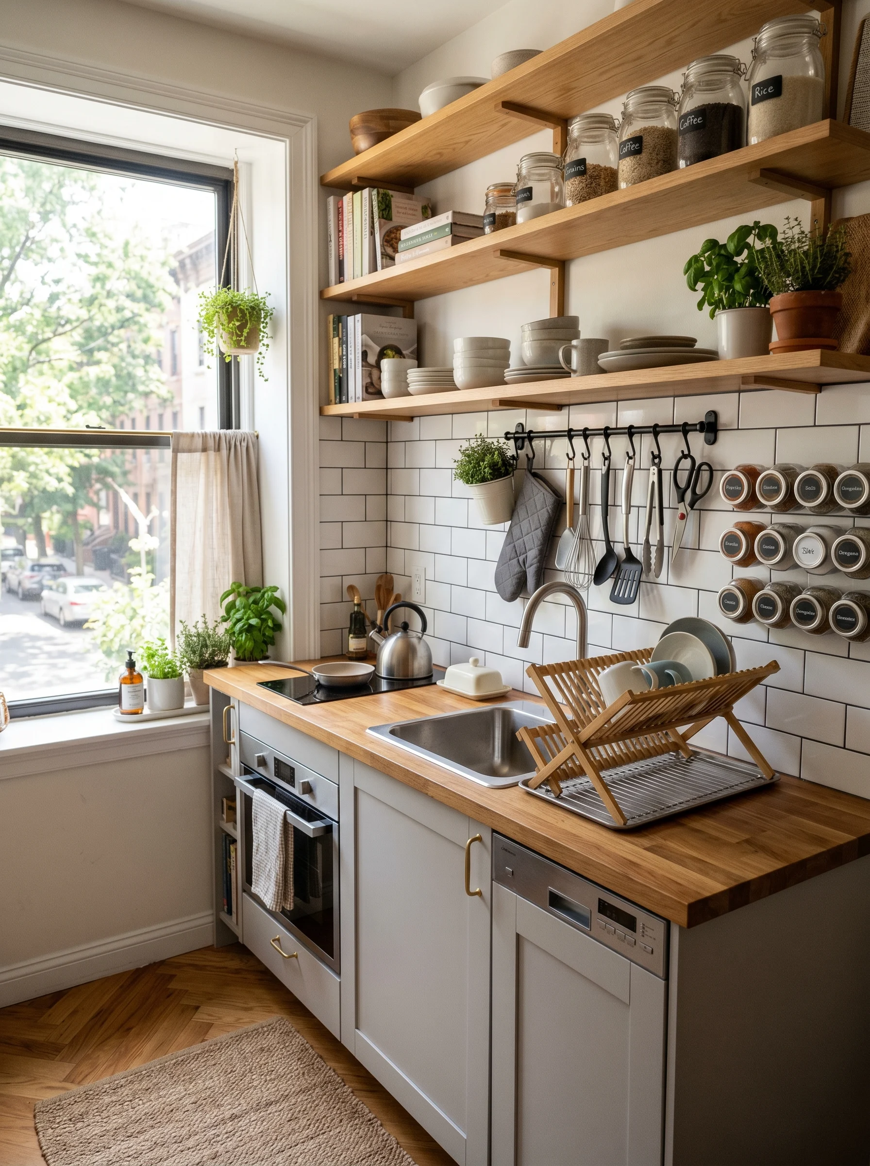 “Small organized kitchen with smart storage solutions and no counter clutter”