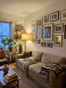 “Budget living room styling with gallery wall and cozy lighting”