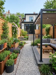 Small backyard layout with separate seating and garden zones.