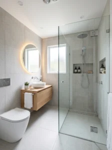 “Clear glass shower panel helping a small bathroom feel more open”