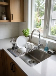 “Roll-up drying rack saving counter space in a tiny kitchen”