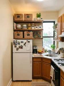 “Over-the-fridge kitchen storage with baskets”