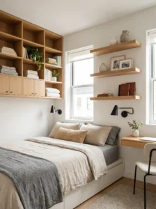 “Small bedroom with wall-mounted shelves and vertical storage ideas”