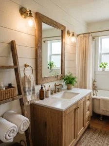 “Wood-framed bathroom mirror in cozy modern bathroom”