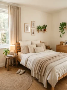 “Relaxing budget-friendly bedroom with warm lighting and cozy neutral decor”