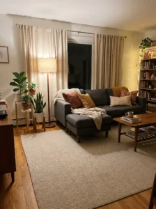 “Affordable living room décor ideas using rugs curtains and pillows”