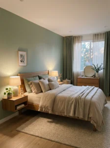“Relaxing sage green bedroom designed with calming colors for better sleep”