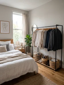 Open clothing rack organizing a bedroom without closet space