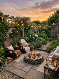 Small backyard with solar lighting and a DIY fire pit for evening relaxation.