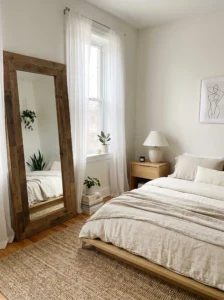 “Bedroom with large mirror and natural light making space feel bigger”