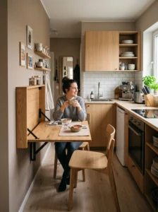 “Fold-down kitchen table adding workspace in a compact kitchen”