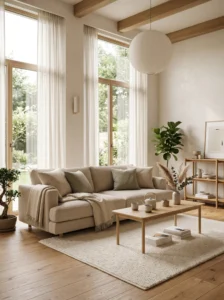 Low-profile Japandi living room with beige linen sofa, oak coffee table, and soft neutral decor.