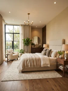 “Modern master bedroom decorated from scratch with neutral colors and cozy furniture”