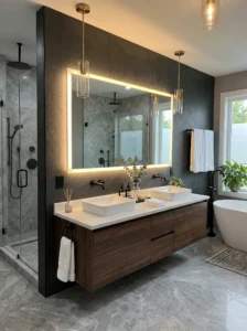 “LED backlit bathroom mirror with modern vanity”