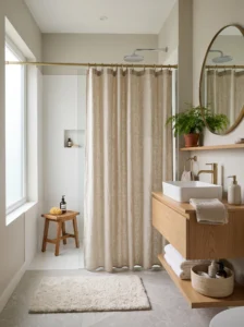 “Neutral shower curtain styling in a budget-friendly bathroom”