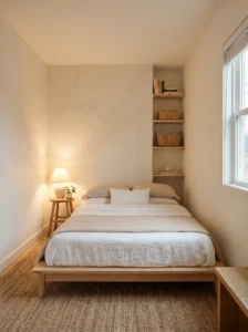 “Minimal small bedroom with low-profile bed and soft neutral colors”