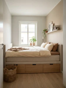 “Modern storage bed with built-in drawers in a small bedroom”