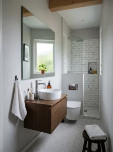 “Large frameless mirror making a narrow bathroom appear bigger”