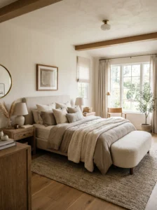 “Neutral bedroom with layered textures and cozy bedding”