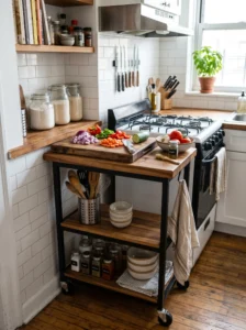 “Portable rolling cart creating extra prep space in a small kitchen”