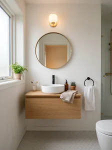 “Round bathroom mirror in a modern small bathroom”