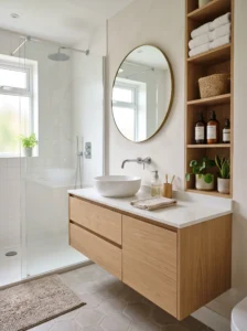 “Floating vanity and vertical storage in a compact bathroom”
