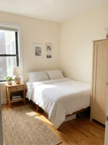 “Small bedroom with a well-sized bed and open walking space”