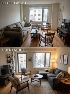 “Smart furniture arrangement ideas for a small budget living room”