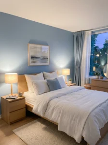 “Soft blue bedroom color idea for improving sleep quality”