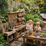 Creative outdoor mud kitchen ideas for kids featuring rustic wooden play stations, water play, and sensory backyard activities.