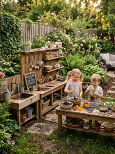 Creative outdoor mud kitchen ideas for kids featuring rustic wooden play stations, water play, and sensory backyard activities.