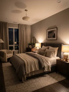 “Master bedroom with layered warm lighting and bedside lamps”
