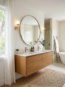 “Modern bathroom with stylish vanity mirror and natural lighting”