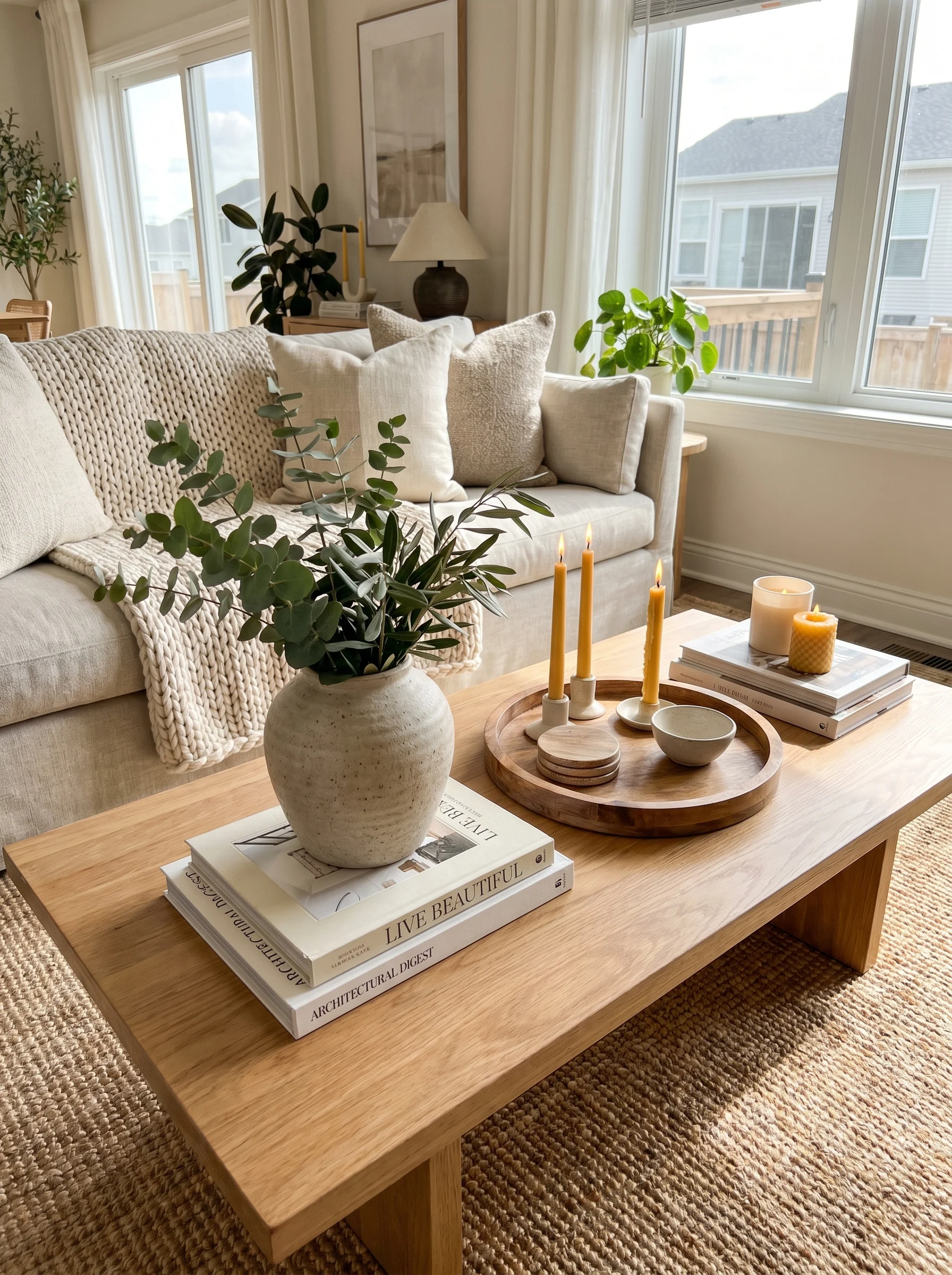 “Modern living room with a stylishly decorated coffee table featuring books, candles, and greenery”