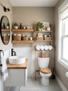 “Small organized bathroom with floating shelves and storage baskets”