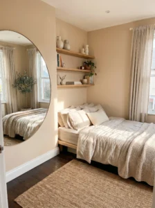 “Bright small bedroom designed to look bigger with mirrors, light colors, and minimal furniture”