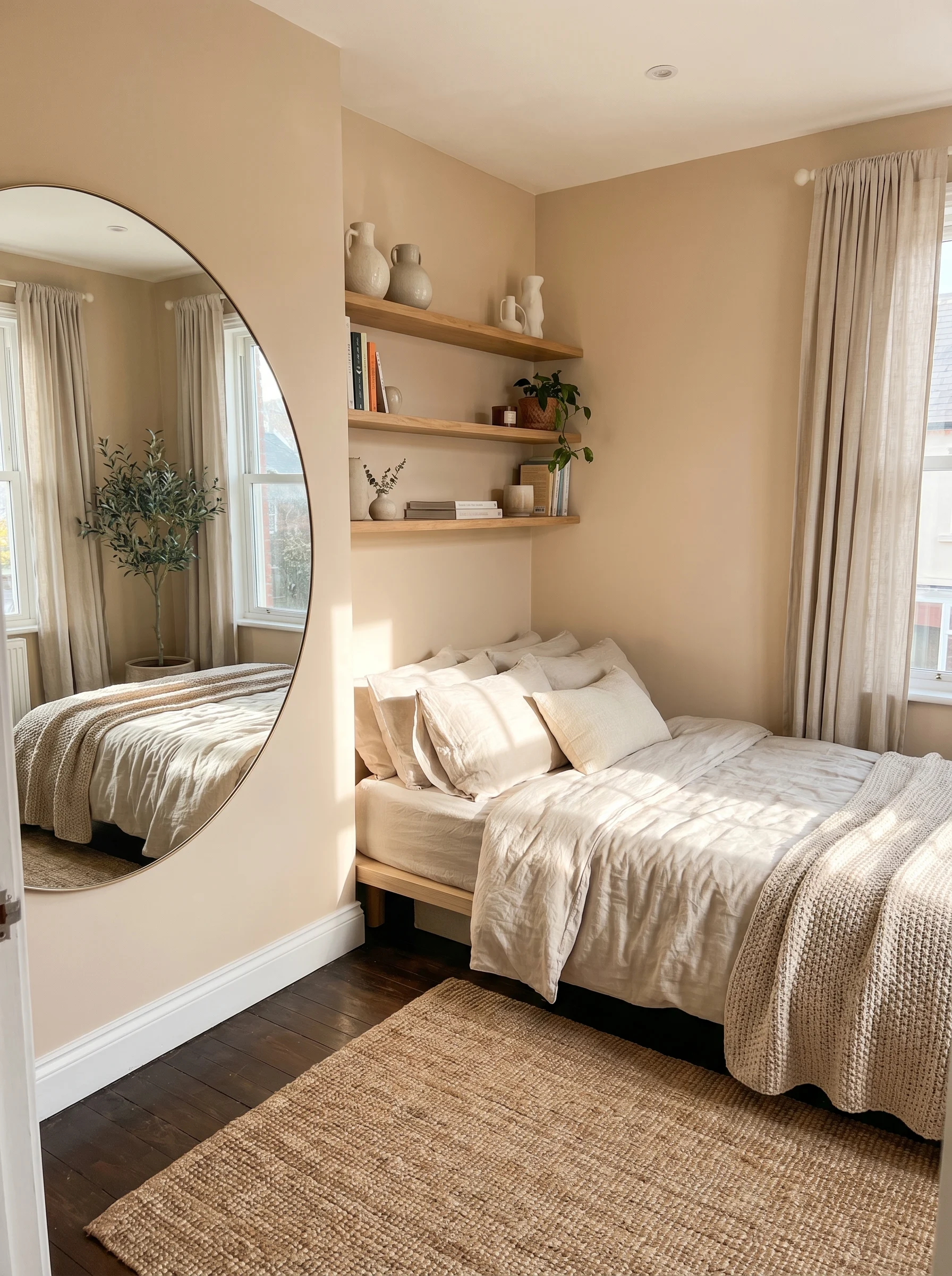 “Bright small bedroom designed to look bigger with mirrors, light colors, and minimal furniture”
