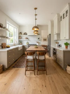 “Two-tone kitchen cabinets with greige lower cabinets and white upper cabinets”
