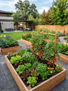 Raised garden beds filled with vegetables and herbs for beginner gardeners