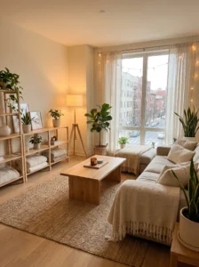 “Natural wood furniture helping brighten a dark living room”