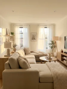 “Bright and cozy living room designed to make a dark space feel lighter without renovation”