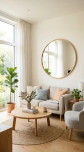 “Light and airy small living room design with mirrors”