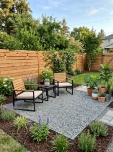 Affordable backyard makeover using gravel, mulch, and simple outdoor furniture.