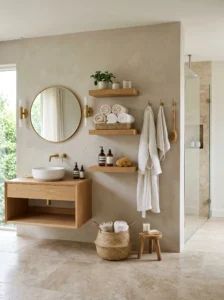 “Minimal organized bathroom with smart storage ideas”