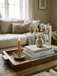 “Coffee table styled with tray, books, candle, and vase in a cozy living room”