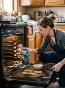 “Person deep cleaning a dirty kitchen oven using baking soda paste”