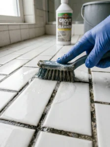Deep cleaning stained bathroom grout with a grout brush