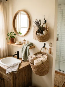 “Woven wall baskets used for bathroom storage”