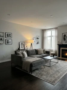 Modern living room with soft gray walls and warm contemporary decor
